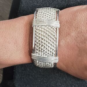 Handwoven 25mm Wide Textile Weave Sterling Silver Bracelet 42 Grams